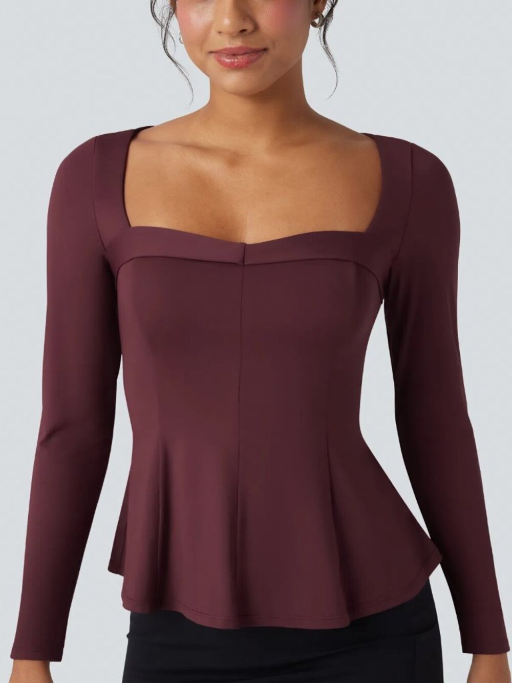 Halara SMALL Windsor Wine Square Neck Long Sleeve Ruffle Hem Work Shirt 50% off
